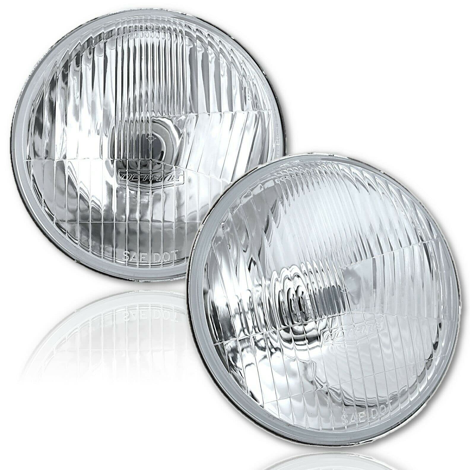Octane Lighting 5-3/4 Stock Retro Style Glass Metal Headlight 55/60W Clear Halogen H4 Light Bulb Headlamp Set (60W Clear Halogen Bulbs, 5.75")